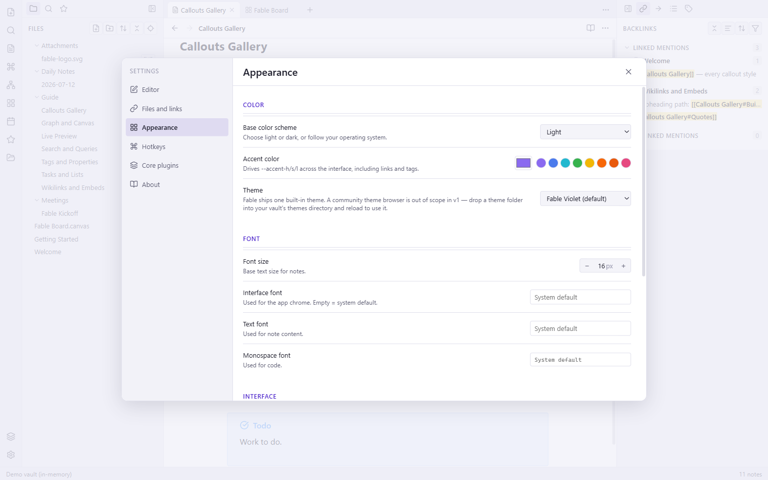 Fable appearance settings in light theme: base color scheme, accent color swatches, theme, and font controls.
