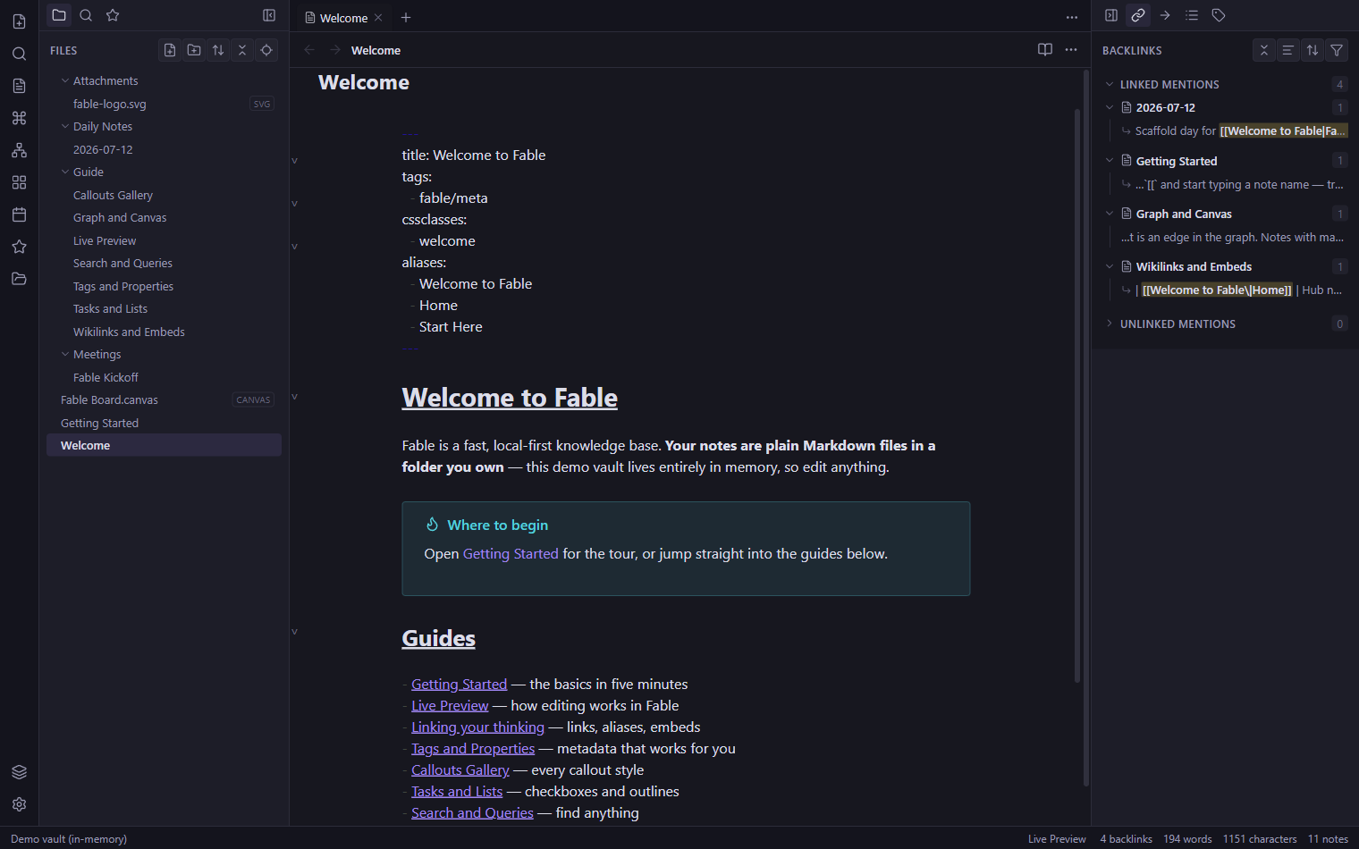 Fable editing the Welcome note in Live Preview: a rendered callout and wikilinks, with the file explorer on the left and the backlinks pane on the right.