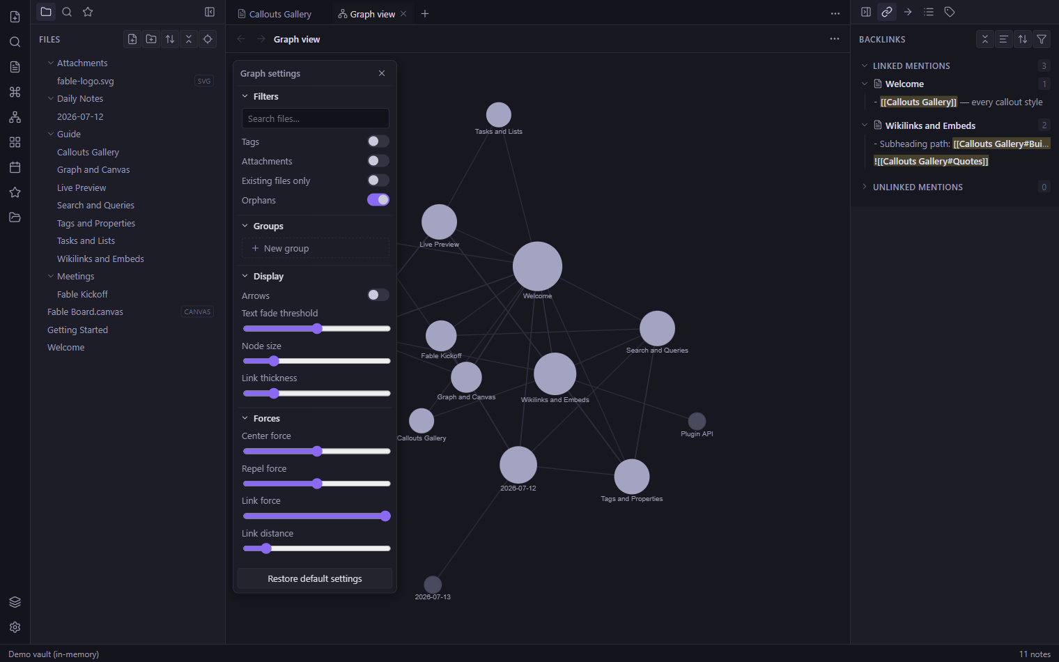 Fable graph view showing demo notes as connected nodes, with the graph settings panel open.